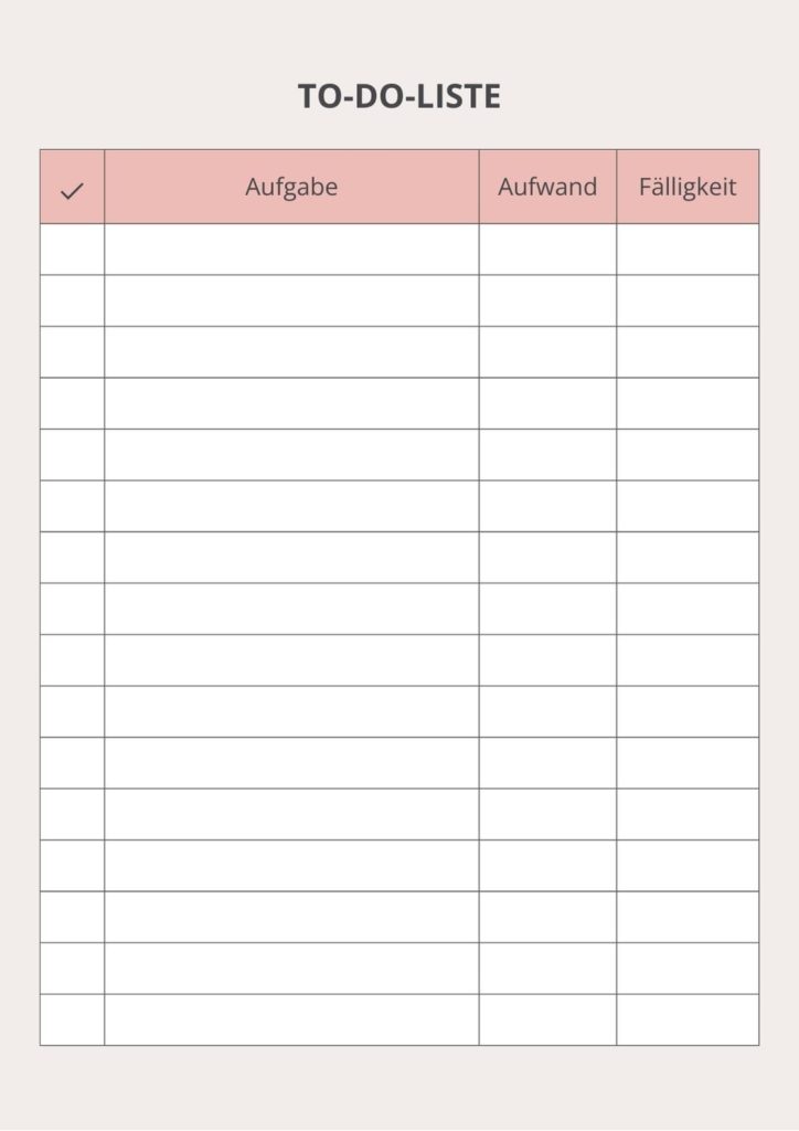 To-do-Liste mit Feldern für zeitlichen Aufwand und Fälligkeit