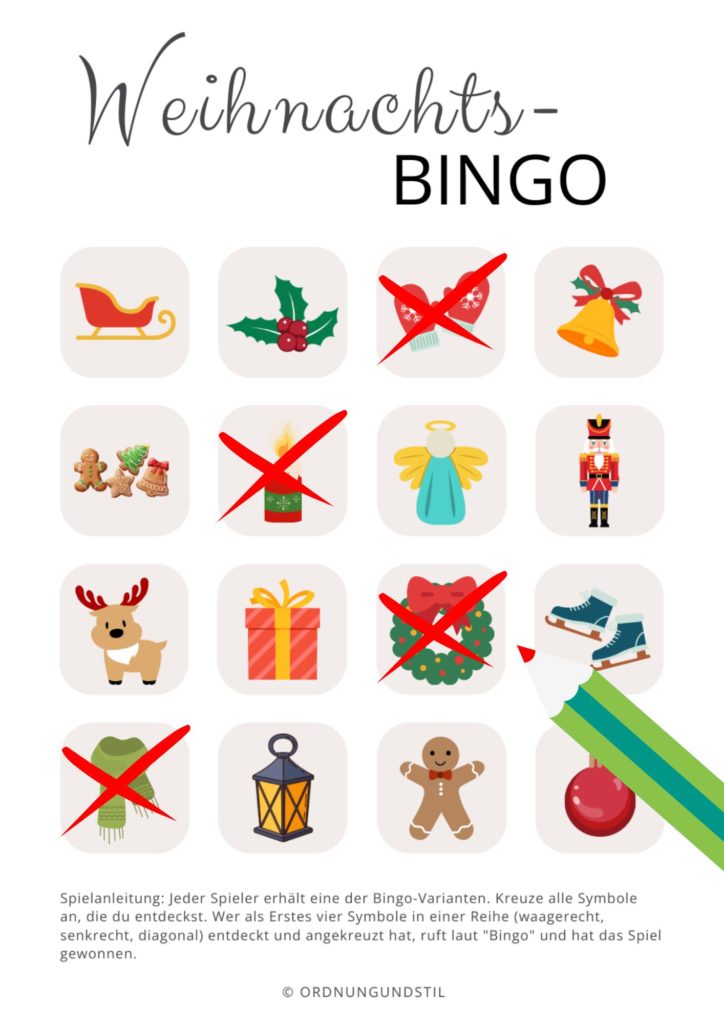Weihnachtsbingo Vorlage zum Ausrucken und Ankreuzen